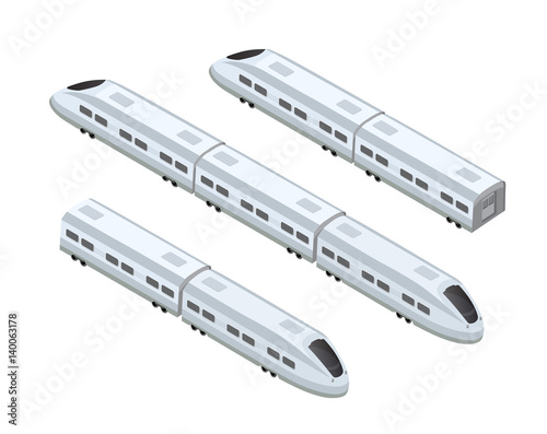 Fast modern high speed train. Vector flat 3d isometric illustration of public transport. Freight transportation to carry large numbers of passengers. Station tech world