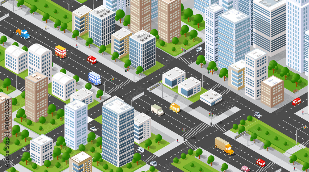 Obraz Izometryczny 3D ilustracja miasto obszar miejski z dużą ilością domów i drapaczy chmur, ulic, drzew i pojazdów