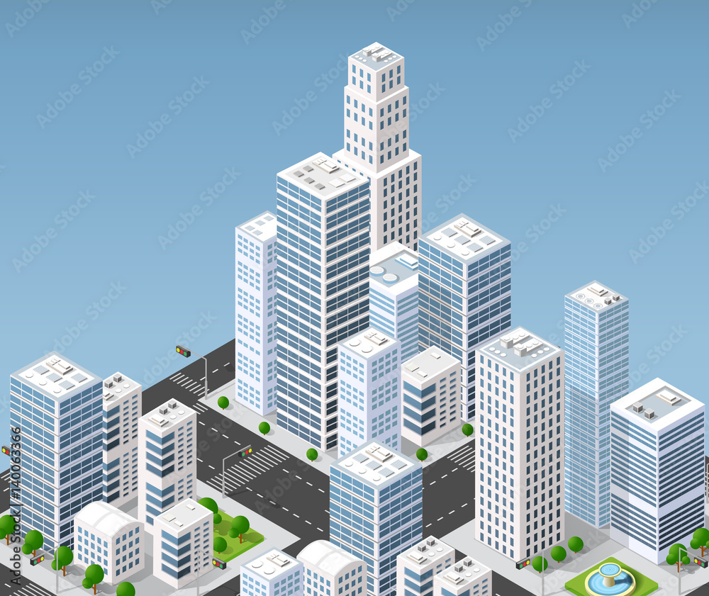 Isometric 3D illustration city urban area with a lot of houses and skyscrapers, streets, trees and vehicles