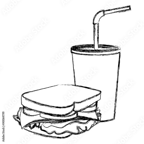 monochrome sketch of soda with straw and sandwich vector illustration
