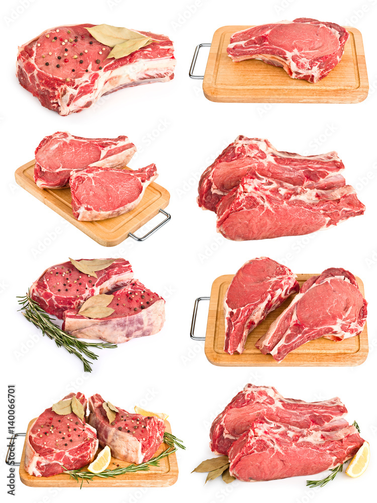 Set by fresh raw meat collection isolated on white Set by fresh raw meat collection isolated on white
