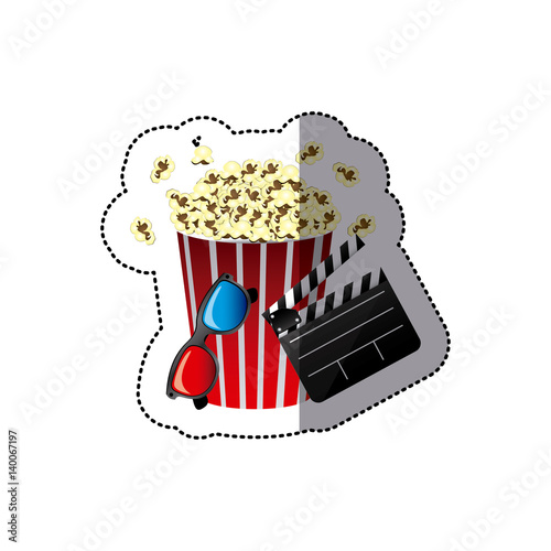 sticker color with popcorn cup with glasses 3D and clapper board vector illustration