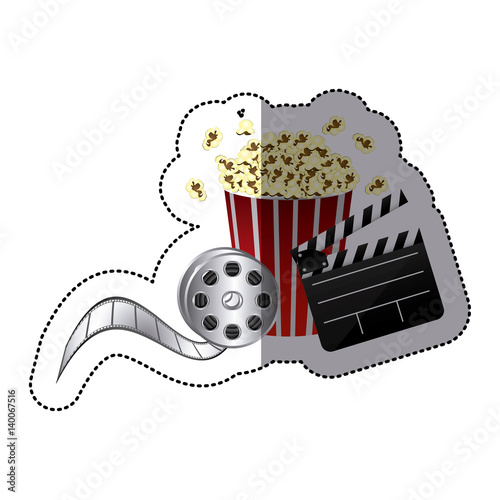 sticker color with popcorn cup with cinematography movie and clapper board vector illustration