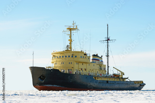 Nuclear-powered icebreaker in the sea.