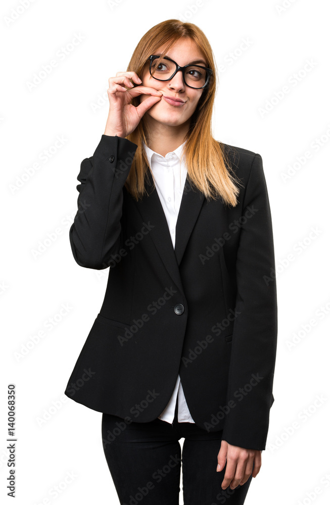 Young business woman making silence gesture