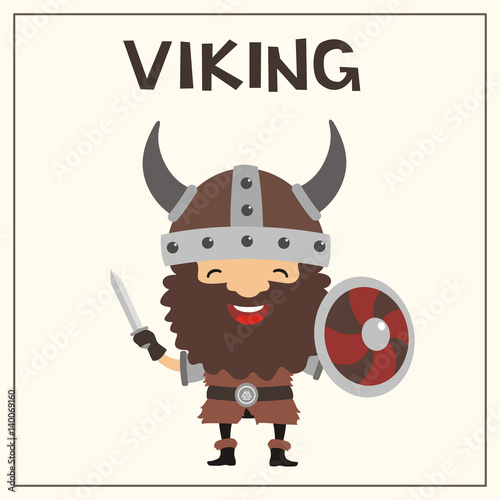 Smiling viking with sword and shield. Isolated viking with beard in helmet with horns.