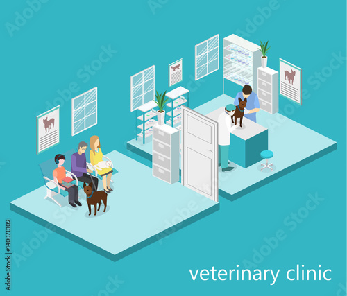 Flat 3D illustration Isometric interior of veterinary clinic.