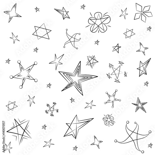 Hand Drawn Set of Stars. Children Drawings of Funny Stars. Doodle Style. Vector Illustration.
