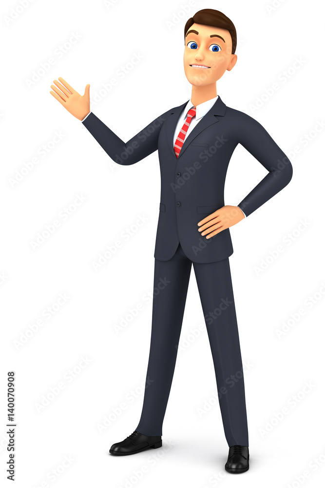3d render illustration. Happy cartoon man in a tie isolated on white background. Hand pointing at empty space for advertising. 3d render illustration. Happy cartoon man in a tie isolated on white background. Hand pointing at empty space for advertising.