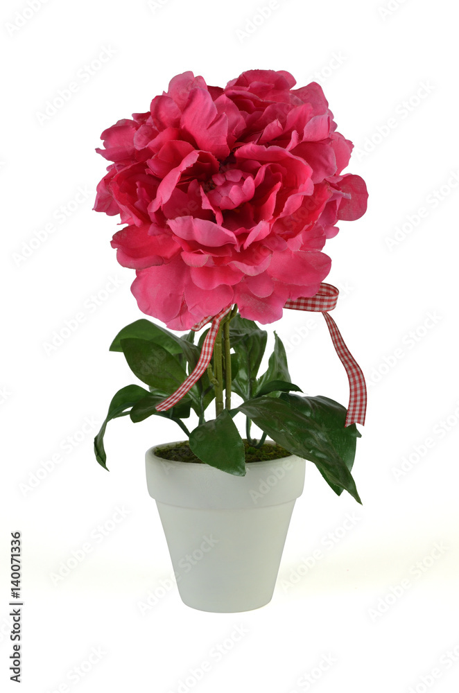 Vibrant lush pink artificial flower in white pot - decoration isolated on white Vibrant lush pink artificial flower in white pot - decoration isolated on white