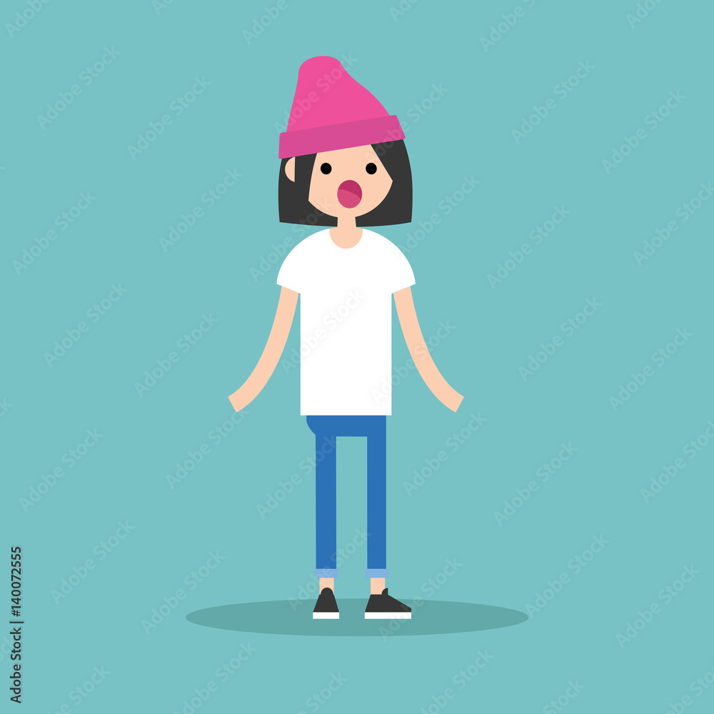 Surprised young brunette girl standing with open mouth / flat editable vector illustration