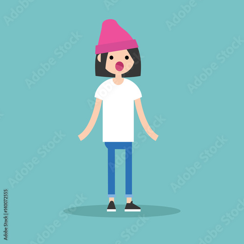 Surprised young brunette girl standing with open mouth / flat editable vector illustration