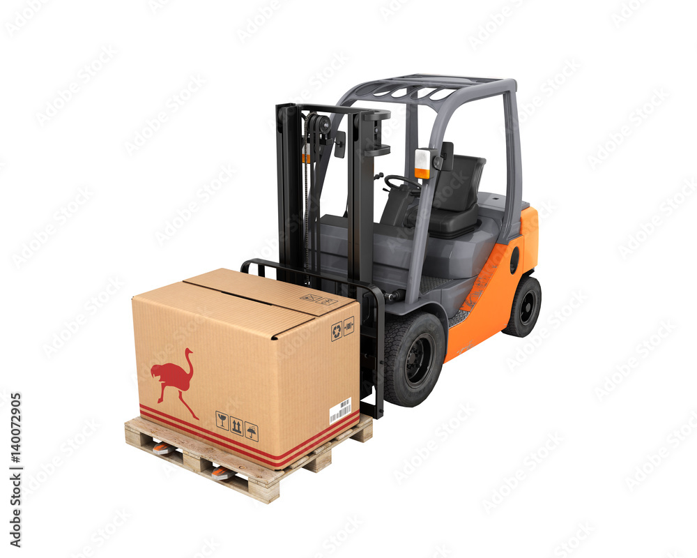 Forklift truck with box without shadow on pallet on white background 3d