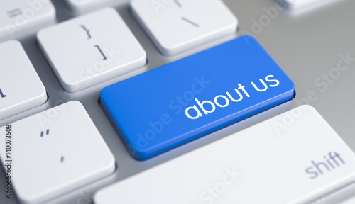 About Us - Text on Blue Keyboard Keypad. 3D.