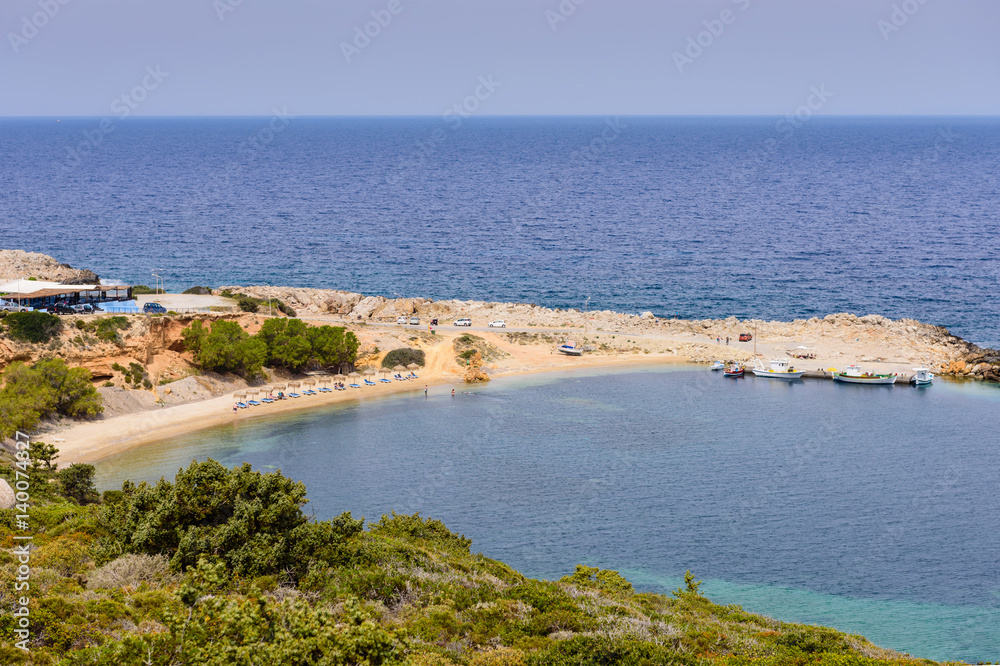 The scenic beach of Limnionas, Kos island, Dodecanese, Greece.