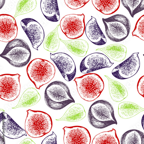 Fototapeta Naklejka Na Ścianę i Meble -  Vector seamless pattern of isolated figs. hand drawn colored exotic fruits. Engraved art.