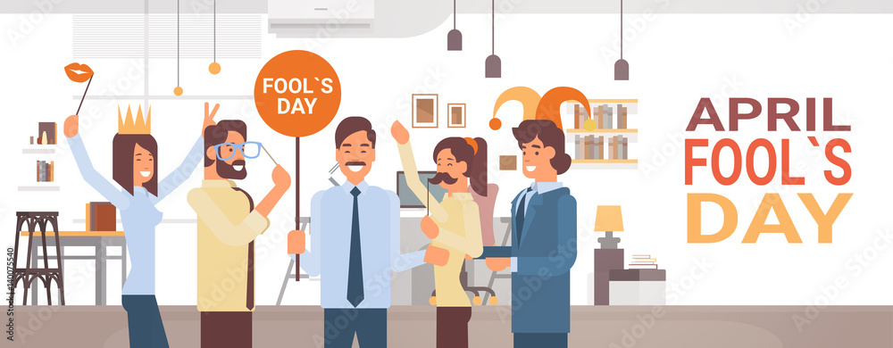 Obraz premium People Group Celebrating Fool Day April Holiday Greeting Card Banner Flat Vector Illustration