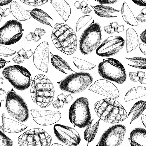 Vector seamless pattern of isolated mango. hand drawn colored exotic fruits. Engraved art.