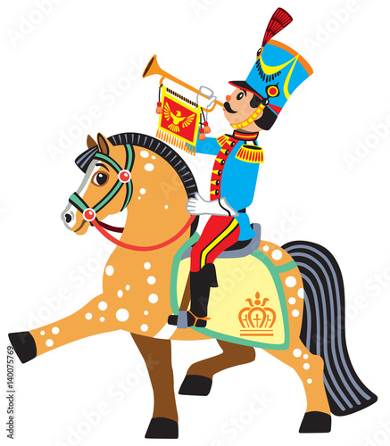 cartoon soldier trumpeter sitting on a horse and blowing a bugle. Side view vector illustration for little kids