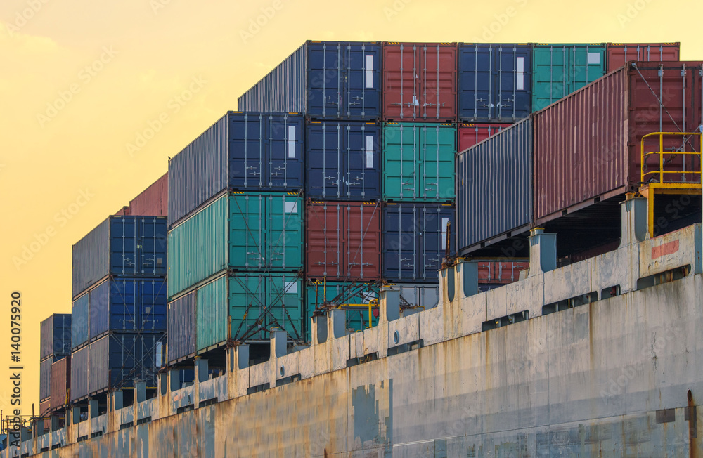 Fototapeta premium container ship in import export and business logistic.By crane ,Trade Port , Shipping.cargo to harbor.Aerial view.Top view.