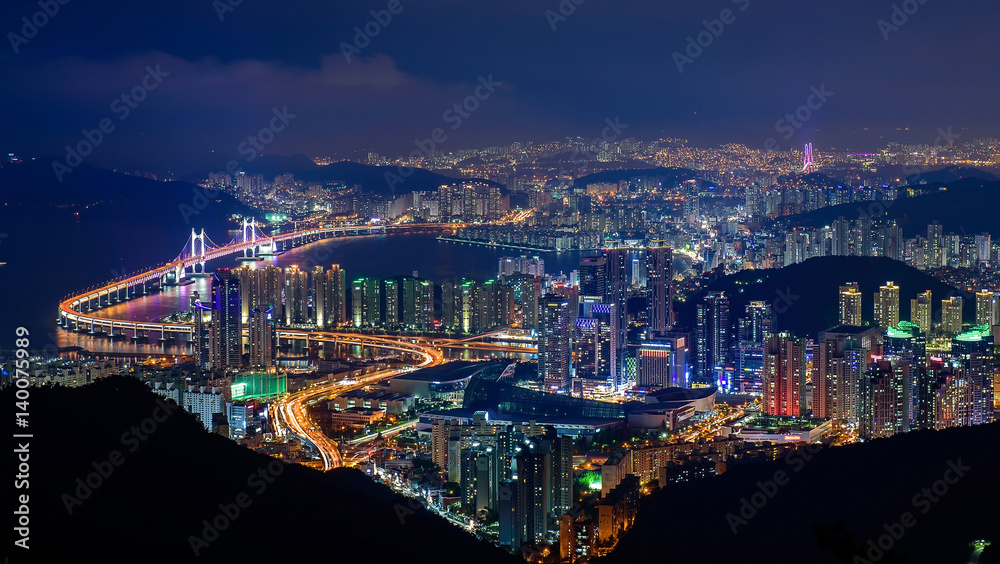 Busan, South Korea aerial view at night
