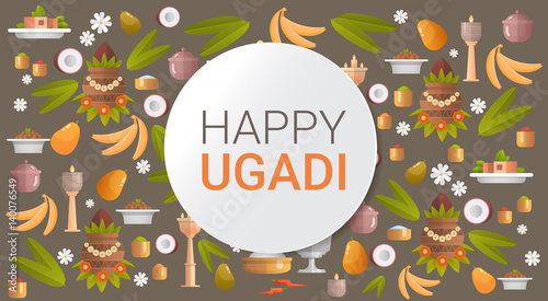Happy Ugadi and Gudi Padwa Hindu New Year Greeting Card Holiday Flat Vector Illustration