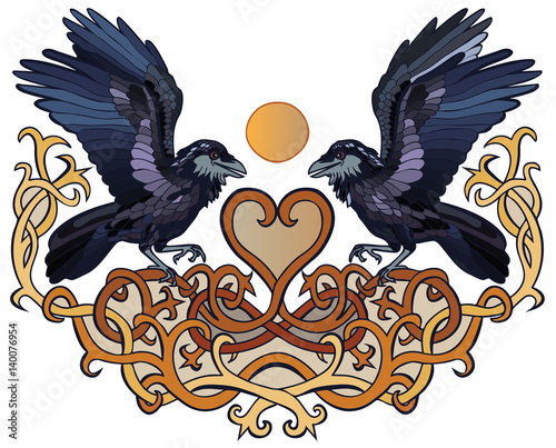 Vector illustration of ravens in love Celtic ornament colorful