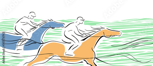 Horse race with two horse and jockeys on white. Hand drawing vector illustration banner. Equestrian background.