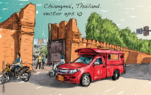 sketch of cityscape show asia style trafic on street and building in Thailand, illustration vector