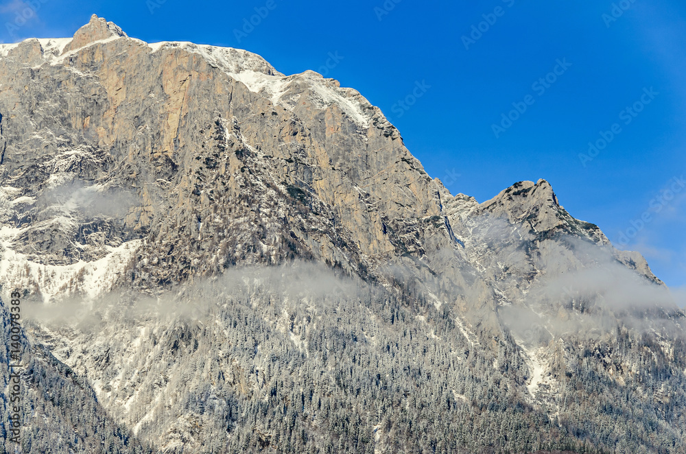Carpathian mountains, Bucegi Mountain Range, clouds, snow and fog, winter time landscape