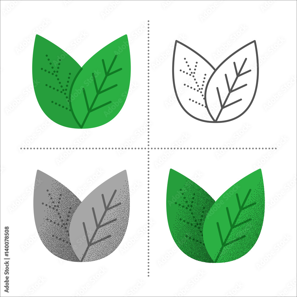 Set of leaves icons in different styles: retro, flat, thin line, black and white with vintage texture. Green tea, mint or tree leaf - nature, eco, health or natural symbol. Vector illustration.