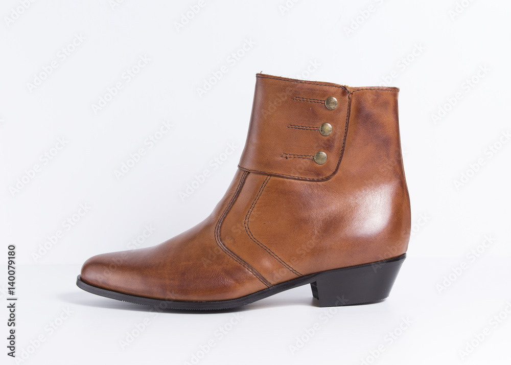 Male boot, leather chestnut on white background, isolated product.