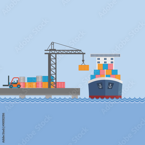 Creative vector detailed container ship at freight port terminal unloading Merchant marine background, boat, cranes, trucks. Ideal for web site or social media network cover profile image