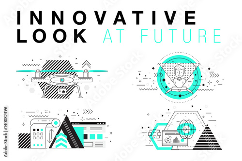 Trendy Innovation systems layouts in polygonal contour line composition, future analysis and technology operations. Made in awesome geometry style with linear pictogram of future for web design.