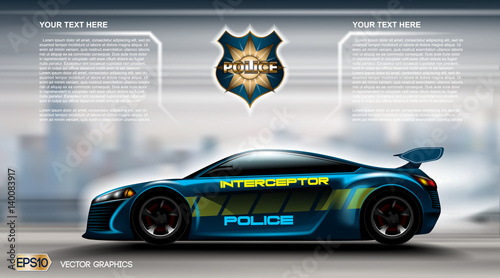 Realistic Police car futuristic concept Infographic. Urban city background. Online Cab Mobile App, Cab Booking, Map Navigation e-commerce business concept. Digital Vector