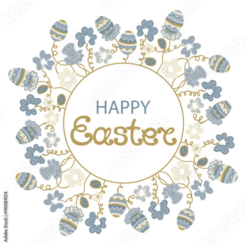 Happy Easter. Round floral frame with flowers and paschal eggs on the stems