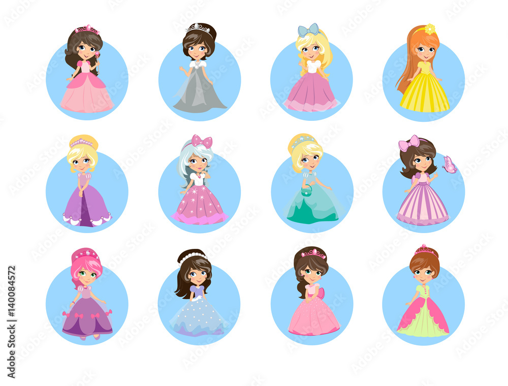 Beautiful Cartoon Princesses Flat Vector Icons Set Beautiful Cartoon Princesses Flat Vector Icons Set