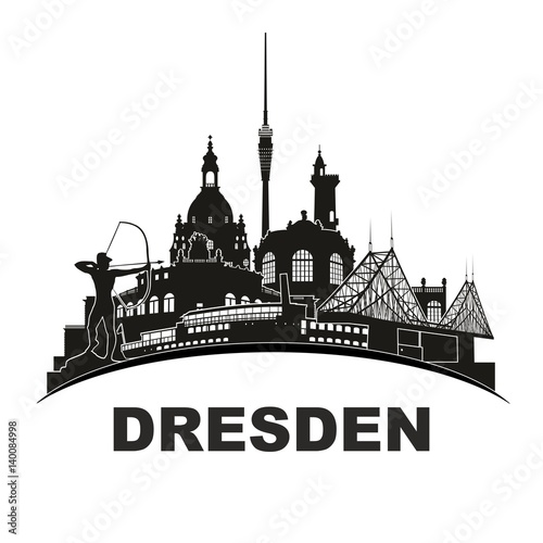 Dresden Deutschland Skyline Silhouette rund Wandtattoo Umriss Semperoper Zwinger Frauenkirche Fernsehturm Bogenschütze Dampfer Fichteturm Blaues Wunder Brücke Sachsen Sehenswürdigkeiten Panorama 