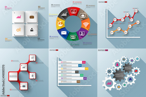 Set of paper infographics with long shadow