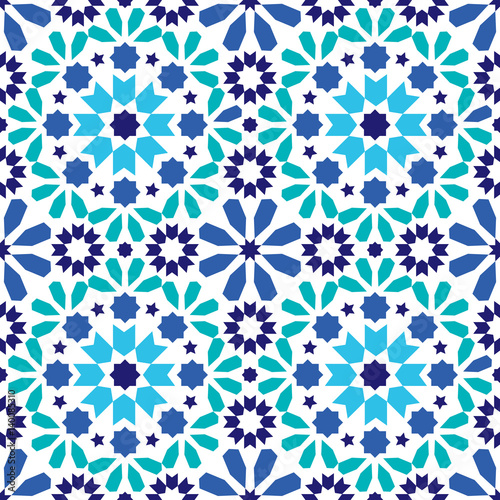 Geometric seamless pattern, Moroccan tiles design, seamless blue and turquoise tile background 
