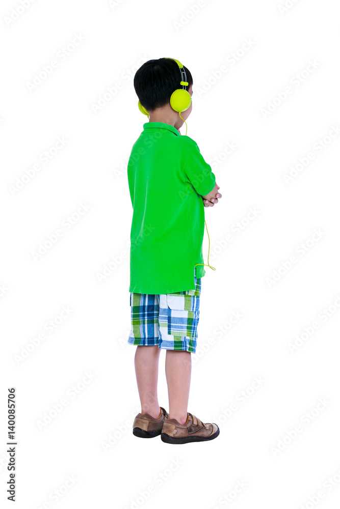 Happy asian child with headphones, Isolated on white background. Studio shot.