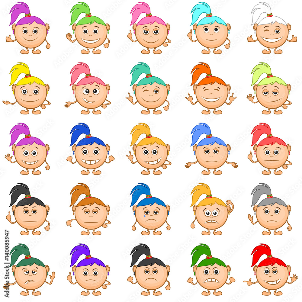 Set of Smilies, Funny Girls with Colorful Hair, Cartoon Icons Symbolising Various Human Emotions and Moods. Vector Set of Smilies, Funny Girls with Colorful Hair, Cartoon Icons Symbolising Various Human Emotions and Moods. Vector