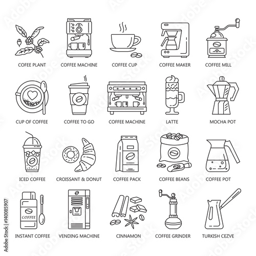 Vector line icons of coffeemaking equipment. Coffee set.