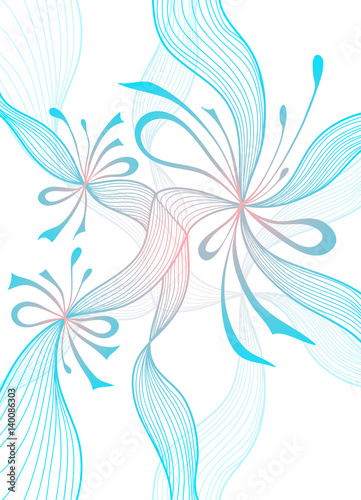 Beautiful light abstract background with lace flowers bows blue pink on white