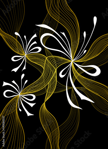 Beautiful light abstract background with lace flowers bows gold white on black