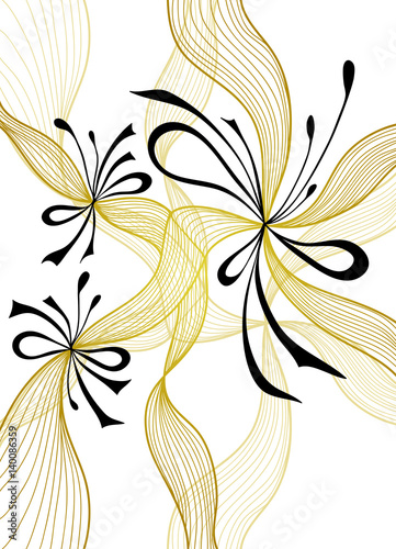 Beautiful light abstract background with lace flowers bows gold black on white