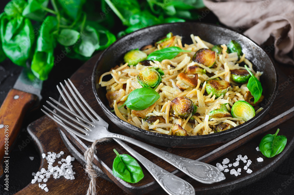 Soy pasta, fried garlic, Brussels sprouts Soy pasta, fried garlic, Brussels sprouts