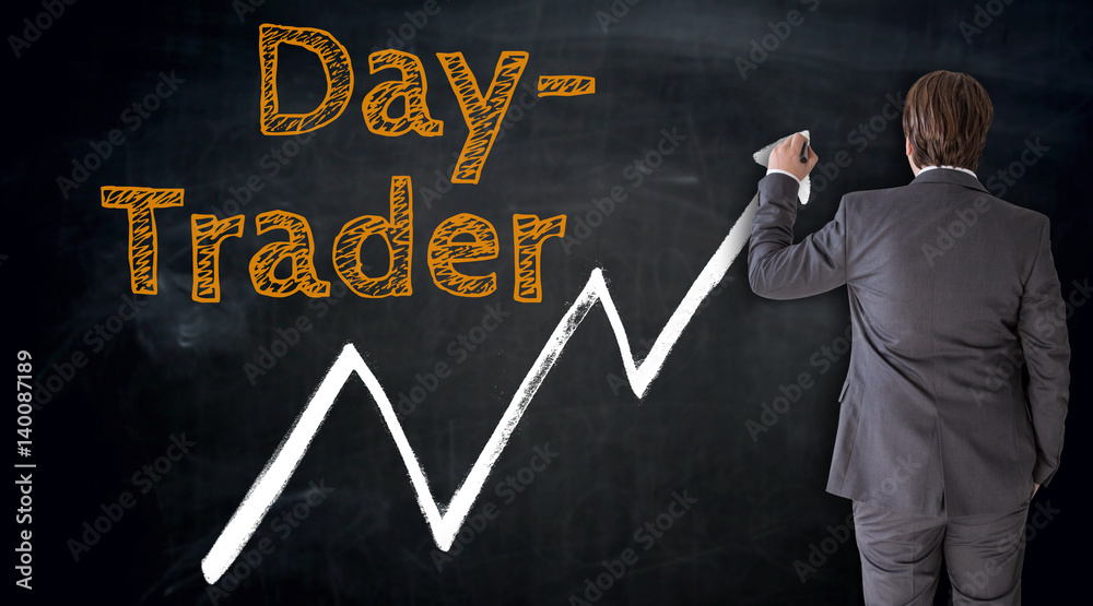 Businessmann schreibt daytrader auf Tafel Konzept