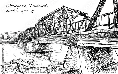 Photography Sketch of cityscape show iron bridge in Chiangmai Thailand, illustration vector