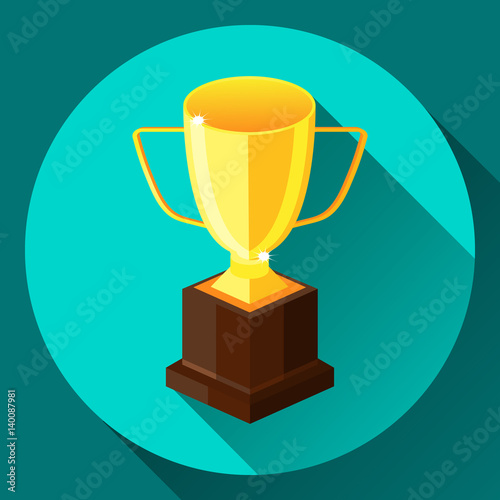 Golden shiny cup vector illustration isolated on green. Flat cartoon design